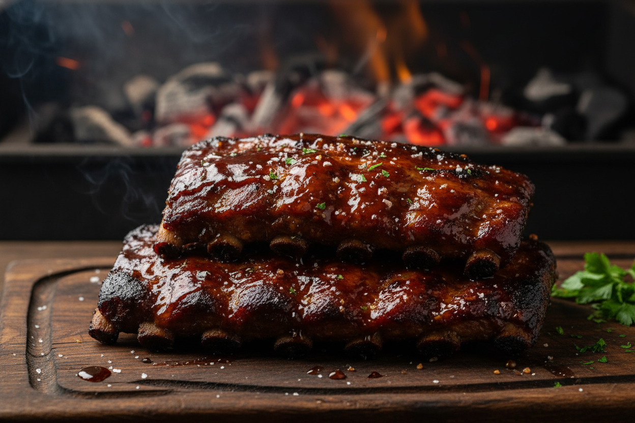 Stacked sticky smoked ribs